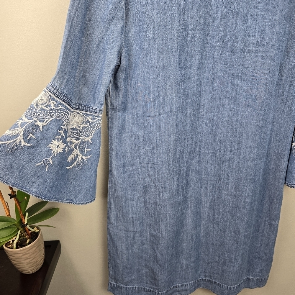 Coastal Western Short Denim Dress Embroidered Ruffle Flared Sleeve Womens Sz M - Picture 10 of 13